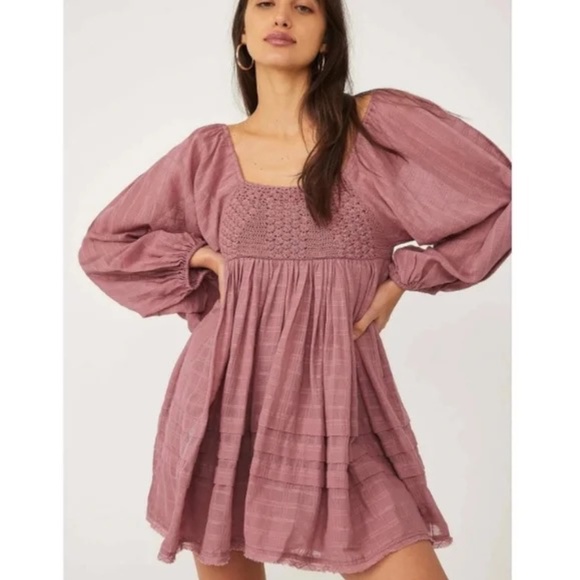 Free People Ari Crochet Puff Sleeve Mini Dress Dusty Rose XS NWT - Picture 2 of 6